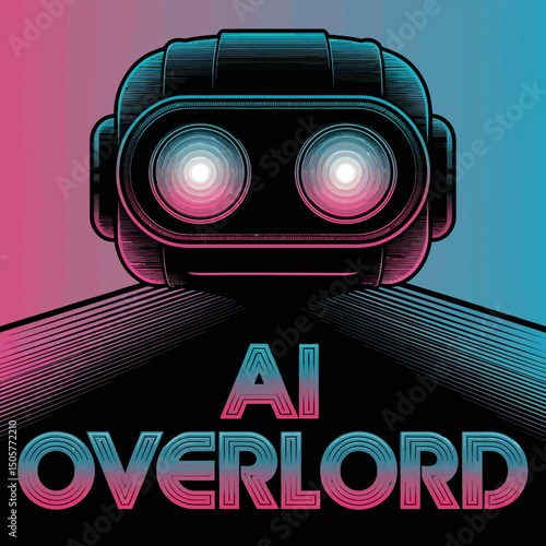 Retro Futuristic AI Overlord Robot Digital Art Graphic Design Illustration Neon Pink Blue Gradient Cyberpunk Style Vintage Technology Artificial Intelligence Machine Learning      
