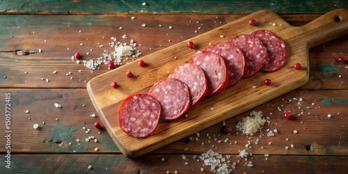 A rustic wooden cutting board with sliced cured meat, sprinkled with coarse sea salt, and surrounded by red berries.