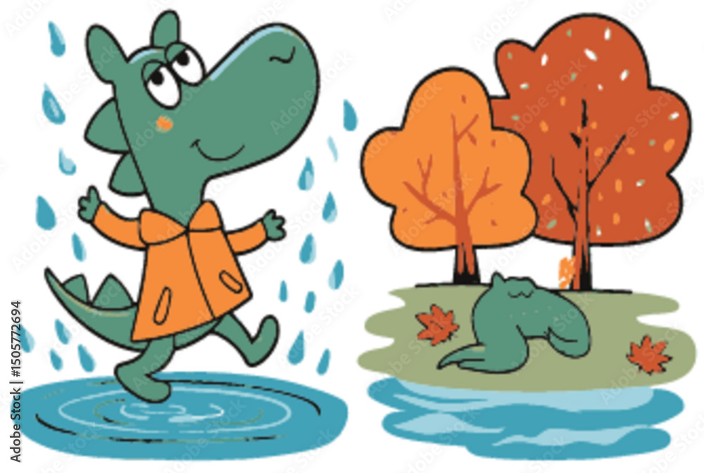 Obraz premium Playful Cartoon Dragon Enjoying Rainy Day with Autumn Trees