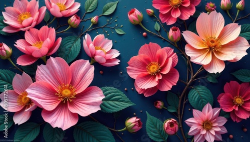 Continuous blooming floral motif, intertwined blossoms , white, dark, illustration