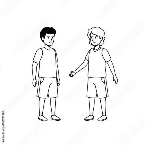 Two boys standing together, simple line art, black and white, for educational materials