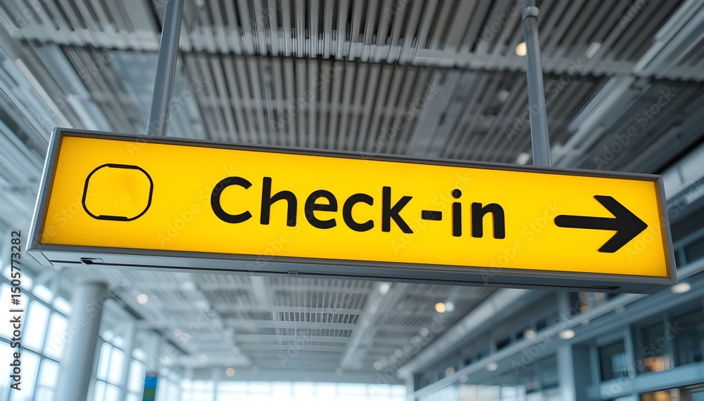Obraz premium Illuminated check-in sign with a directional arrow hangs in a modern airport terminal