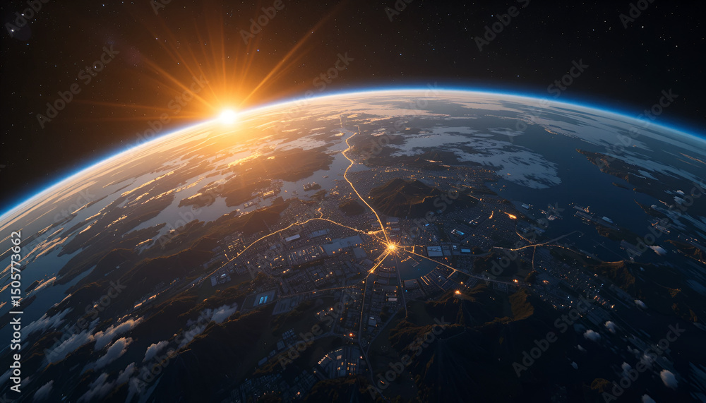 Fototapeta premium Stunning space perspective of Earth at dawn, showcasing South America’s vast forests, glowing urban centers, and the promise of sustainable eco-tourism.