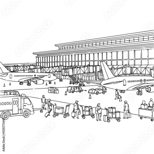 Airport scene, line art, black and white, for travel blogs