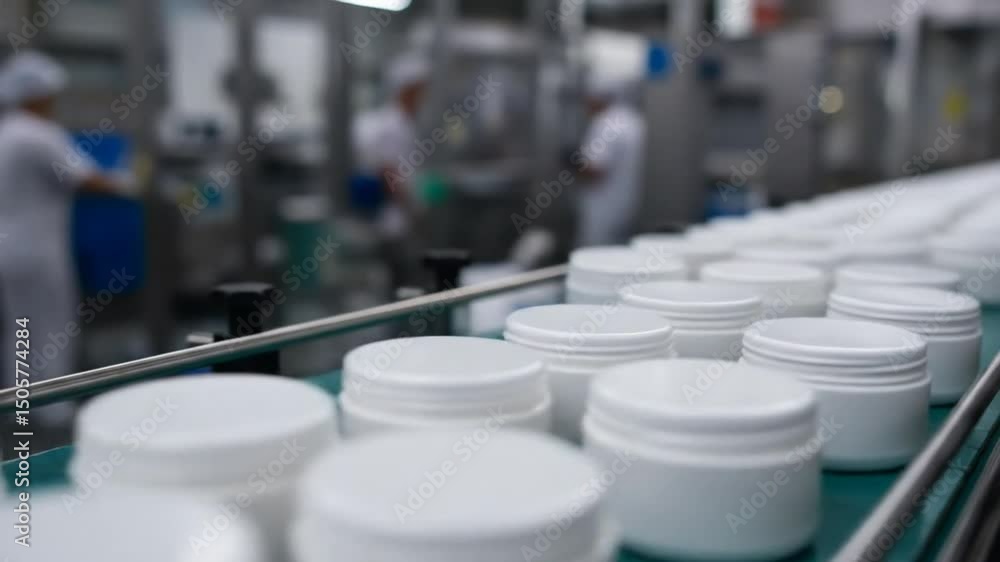 White cosmetic containers on production line White cosmetic containers on production line