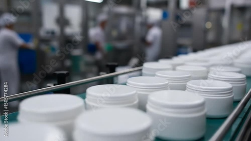 White cosmetic containers on production line