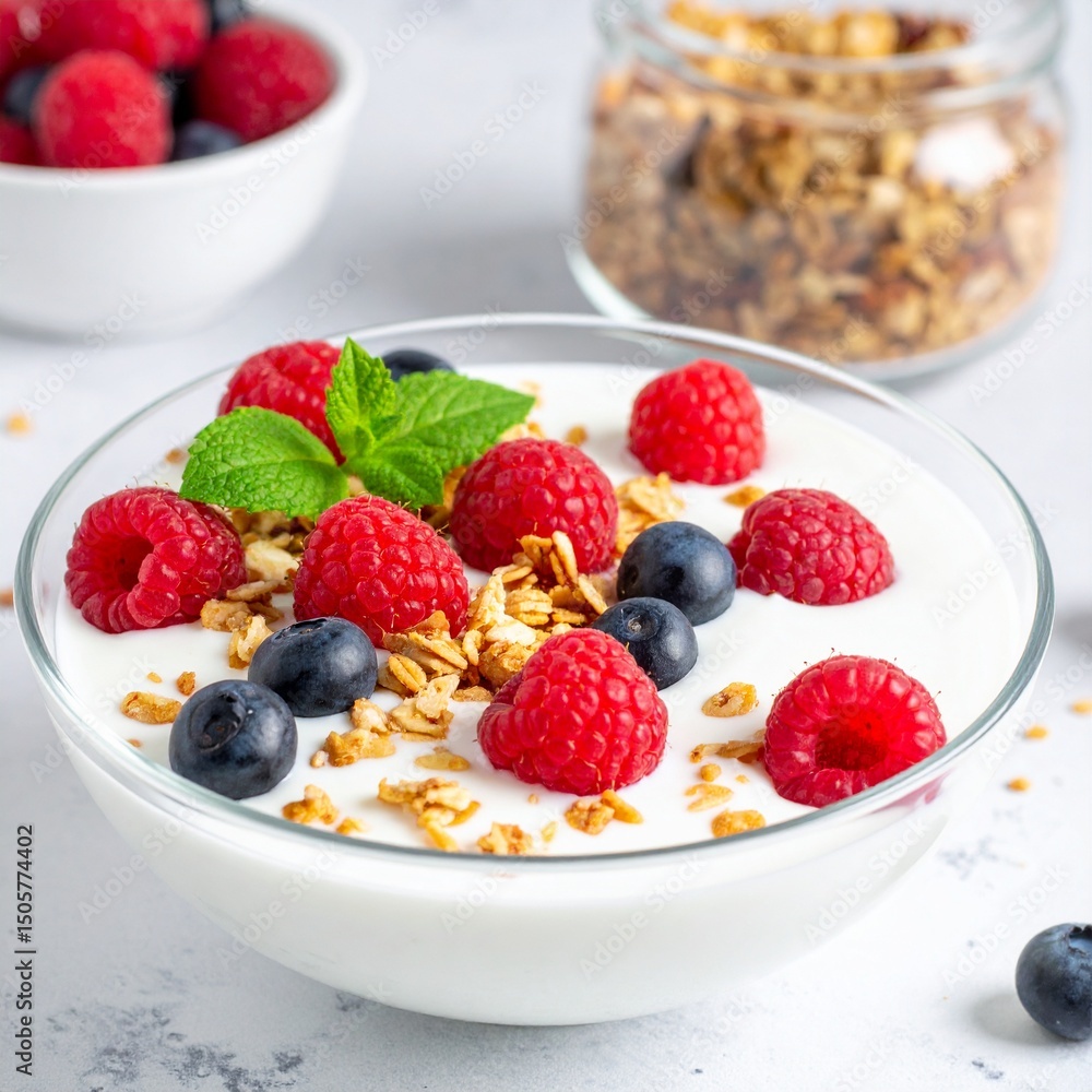 a bowl of creamy yogurt topped with crunchy granola, fresh raspberries, blueberry a bowl of creamy yogurt topped with crunchy granola, fresh raspberries, blueberry