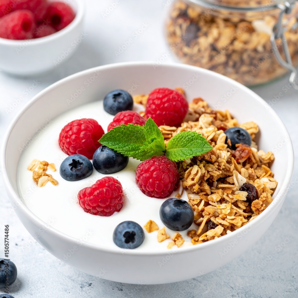 a bowl of creamy yogurt topped with crunchy granola, fresh raspberries, blueberry a bowl of creamy yogurt topped with crunchy granola, fresh raspberries, blueberry