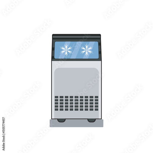 Flat vector illustration of a commercial ice maker machine with snowflake icons and vent panel. Perfect for kitchen, restaurant, appliance, or refrigeration-related design themes.