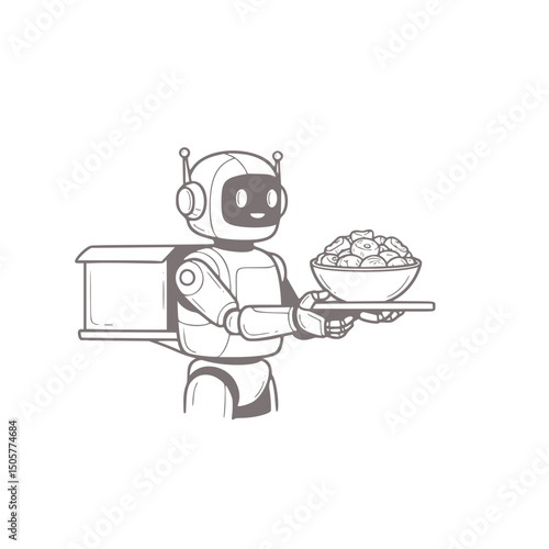 Robot waiter serving food, grayscale illustration, for restaurant menus