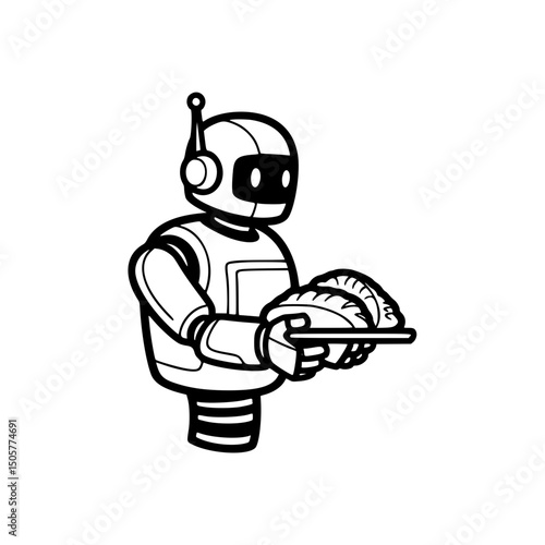Robot serving sushi, monochrome illustration, for restaurant branding