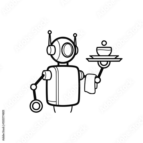 Retro robot waiter serving food, monochrome illustration, for restaurant menus