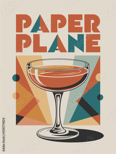 Paper Plane cocktail retro poster. Vintage style Mid century modern vector flat illustration