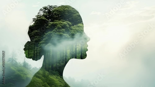 Double exposure of woman silhouette profile mixed with nature, mental health concept, meditation and tranquility, natural cosmetics. harmony, purity nature, silhouette profile of girl in green forest