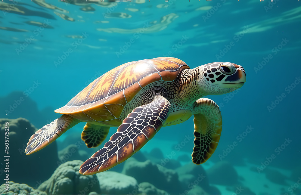 Fototapeta premium sea turtle swimming freely ocean previously cluttered