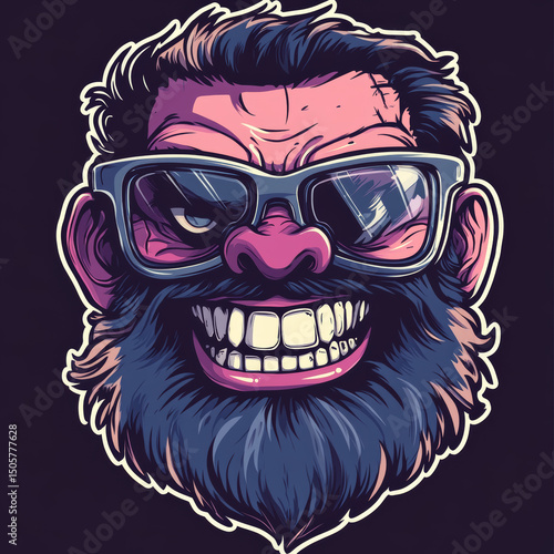 a character nerd sticker silhouette of taped nerdy glasses and a maniac smile strong chubby chin with full ash beard beast 8k detail 