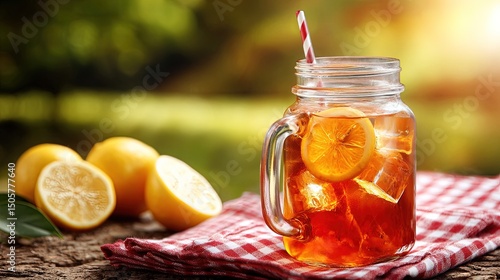 Iced tea with lemon slices in mason jar on picnic cloth, summer outdoor lifestyle scene