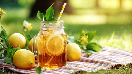 Iced tea with lemon slices in mason jar on picnic cloth, summer outdoor lifestyle scene