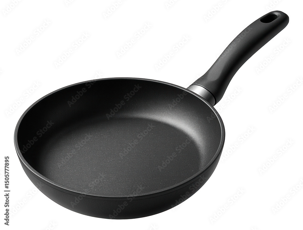Black non-stick frying pan with ergonomic handle designed for easy cooking on transparent background. Black non-stick frying pan with ergonomic handle designed for easy cooking on transparent background.