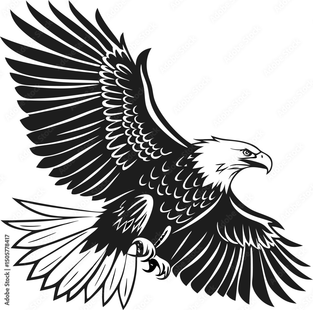 Obraz premium Majestic eagle in flight vector illustration with detailed black and white wings and feathers