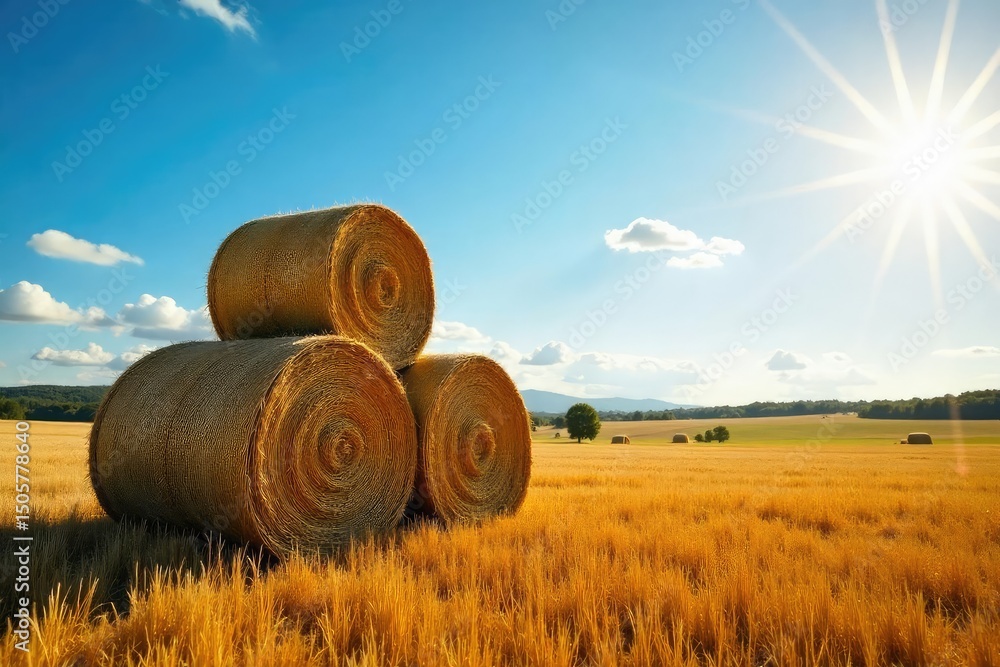 Obraz premium A stack of square hay bales sits in a sun-drenched field, creating a rustic and idyllic rural scene Perfect for agriculture, farming, country, nature, and western themes , straw, agriculture industry