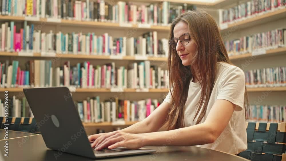 A female focused student typing on laptop in a university library, focused on her research during exam season, surrounded by bookshelves. Digital learning. Blended learning. Technology in education. A female focused student typing on laptop in a university library, focused on her research during exam season, surrounded by bookshelves. Digital learning. Blended learning. Technology in education.