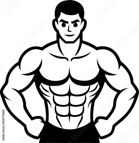 Strong muscular bodybuilder icon vector illustration showing off six pack abs and physique