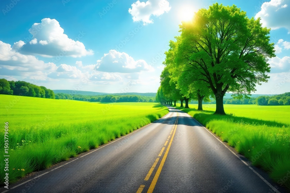 Fototapeta premium A winding country road stretches into the distance, flanked by lush green fields and towering trees under a bright summer sky Perfect for travel, adventure, and nature themes , landscape, beautiful