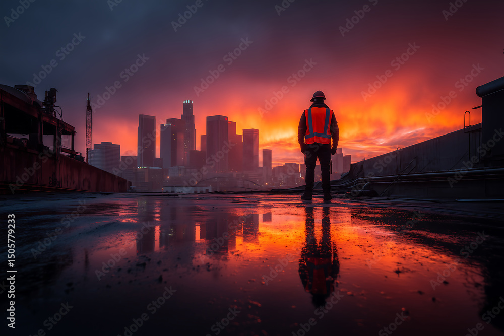 Fototapeta premium Construction worker gazing at the cityscape silhouette under a dramatic sunset sky reflection
