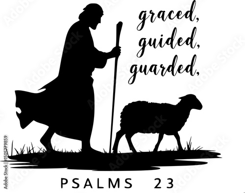 Graced, Guided, Guarded – Minimalist Ancient Shepherd with Sheep Silhouette and Psalms 23 Reference – Conceptual Christian T-Shirt or Poster Design on White Background