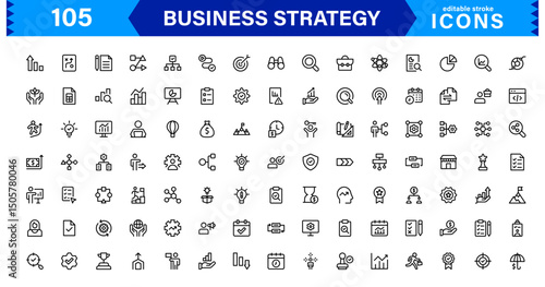 Professional Business Strategy Icon Set Featuring Planning, Analysis, Goals, Innovation, and Growth in a Clean Minimal Vector Style