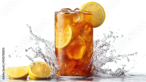 Iced lemon tea with floating lemon slices and water splash on white background, refreshing summer drink