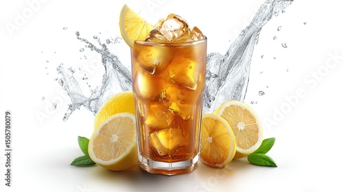 Iced lemon tea with floating lemon slices and water splash on white background, refreshing summer drink