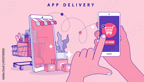 A person orders groceries via a mobile app delivery service. Their finger taps the buy now button to purchase food from an online supermarket for home delivery. E-commerce concept.