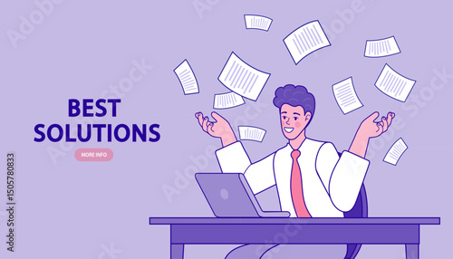 Stressed young business man with his laptop in his office. Table and work. Businessman with many papers. man manages a lot of documents and information on the computer. Vector illustration.