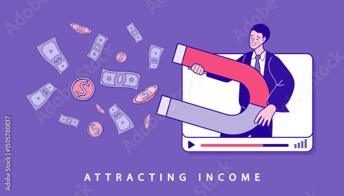 A businessman emerges from a video player and uses a giant magnet to attract money, symbolizing lead generation and customer attraction through an online marketing or content monetization strategy.