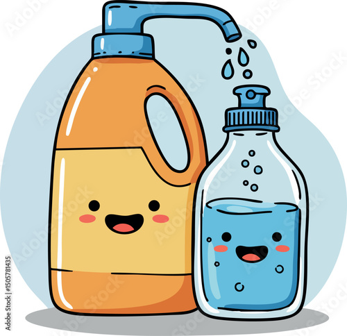 Cute cartoon orange detergent bottle and blue liquid soap dispenser vector illustration with smiling faces 