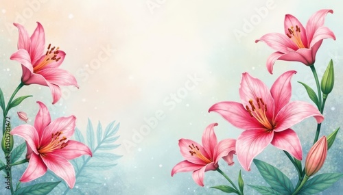 Delicate watercolor lilies, soft pastel tones, repeating motif, feminine, watercolor