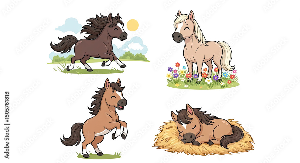 Obraz premium Pixelated illustration of four animals in various poses including running standing and resting against transparent background with elements of grass flowers and a sun