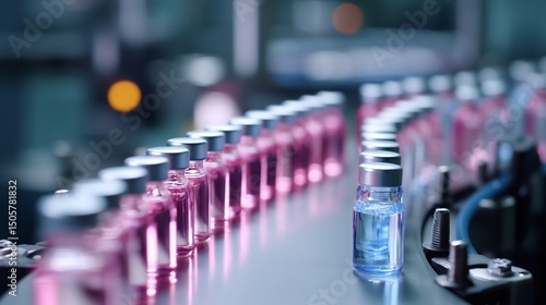 Wallpaper Mural Vials of pink and blue liquid line a conveyor belt in a pharmaceutical manufacturing facility during the day Torontodigital.ca