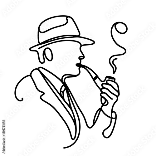 Gentleman smokes a pipe, vector, black line drawing, minimalistic, single line, simple line, isolated, transparent background 
