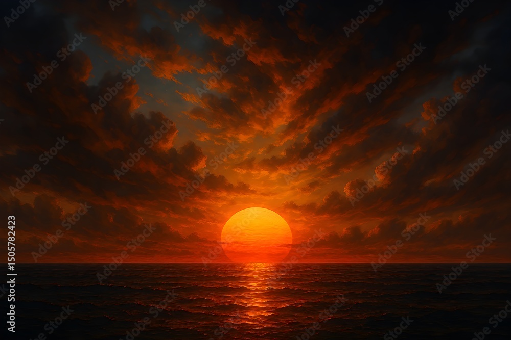 Digital painting captures a dramatic sunset with a giant sun over a calm ocean and warm light Digital painting captures a dramatic sunset with a giant sun over a calm ocean and warm light