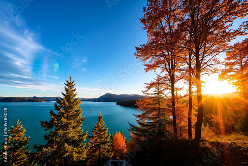 Serene Lake Tahoe Sunset Amidst Autumnal Trees and Majestic Mountains