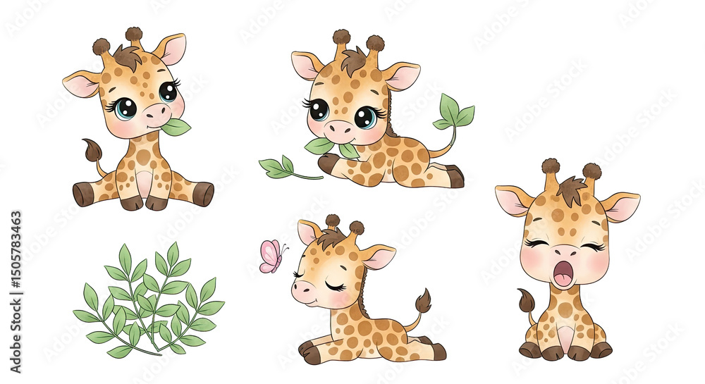 Cute giraffe illustrations set with transparent background. Featuring giraffe eating leaves and yawning. Isolated on black background with copy space. Cute giraffe illustrations set with transparent background. Featuring giraffe eating leaves and yawning. Isolated on black background with copy space.