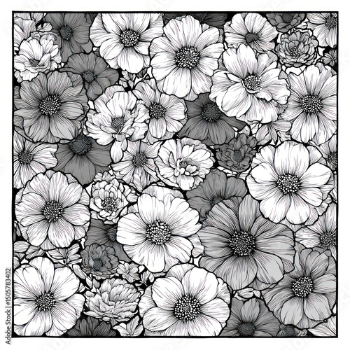 Wallpaper Mural Monochromatic Square Tile Design with Bold Line Art Flowers Torontodigital.ca