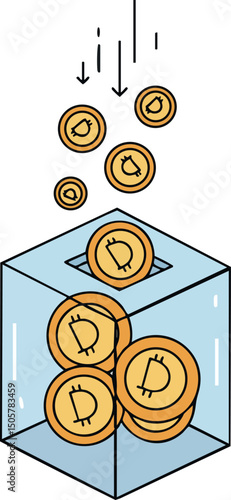 Cryptocurrency bitcoin coins falling into transparent savings box vector illustration 