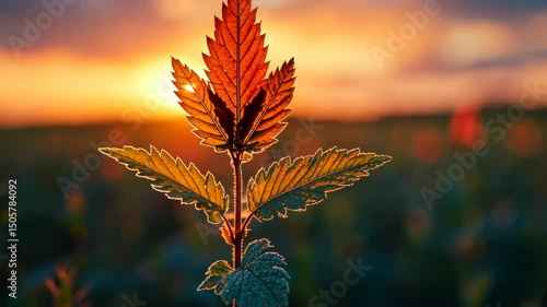Sunset illuminating a vibrant plant with textured leaves in a field