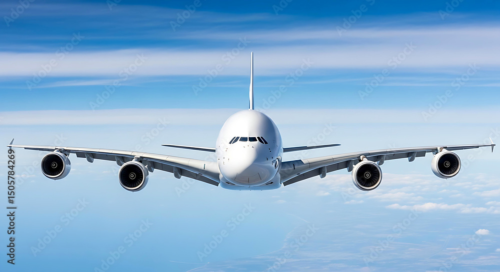 Naklejka premium Front View of Large Passenger Jet Flying in Blue Sky