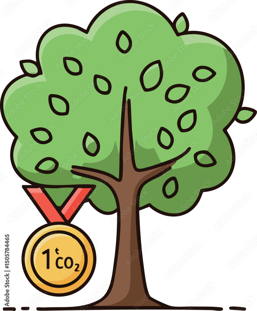 Naklejka premium Carbon offset tree with medal symbolizing environmental achievement and sustainability efforts in green nature 