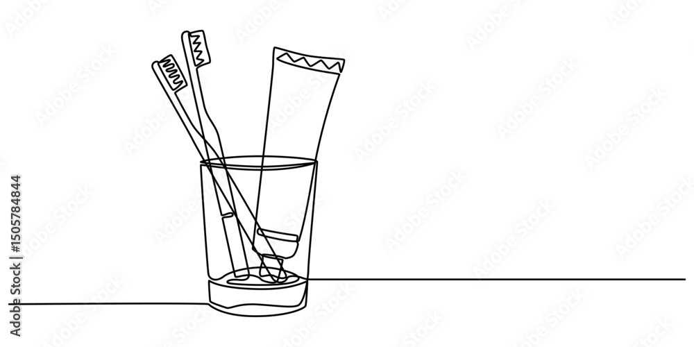 Obraz premium Toothbrush and toothpaste are in a glass continuous one line art drawing, Single continuous line drawing several toothbrushes in glass. Dental care equipment at home. Brushing teeth. Teeth care.